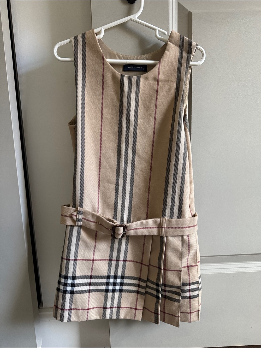Burberry Beige Plaid Girls' Sleeveless Dress with Belt Detail